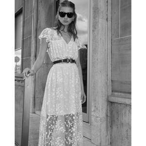 The Kooples Boho Tulle maxi dress smocked embroidered lace wedding bridal Sz3/L